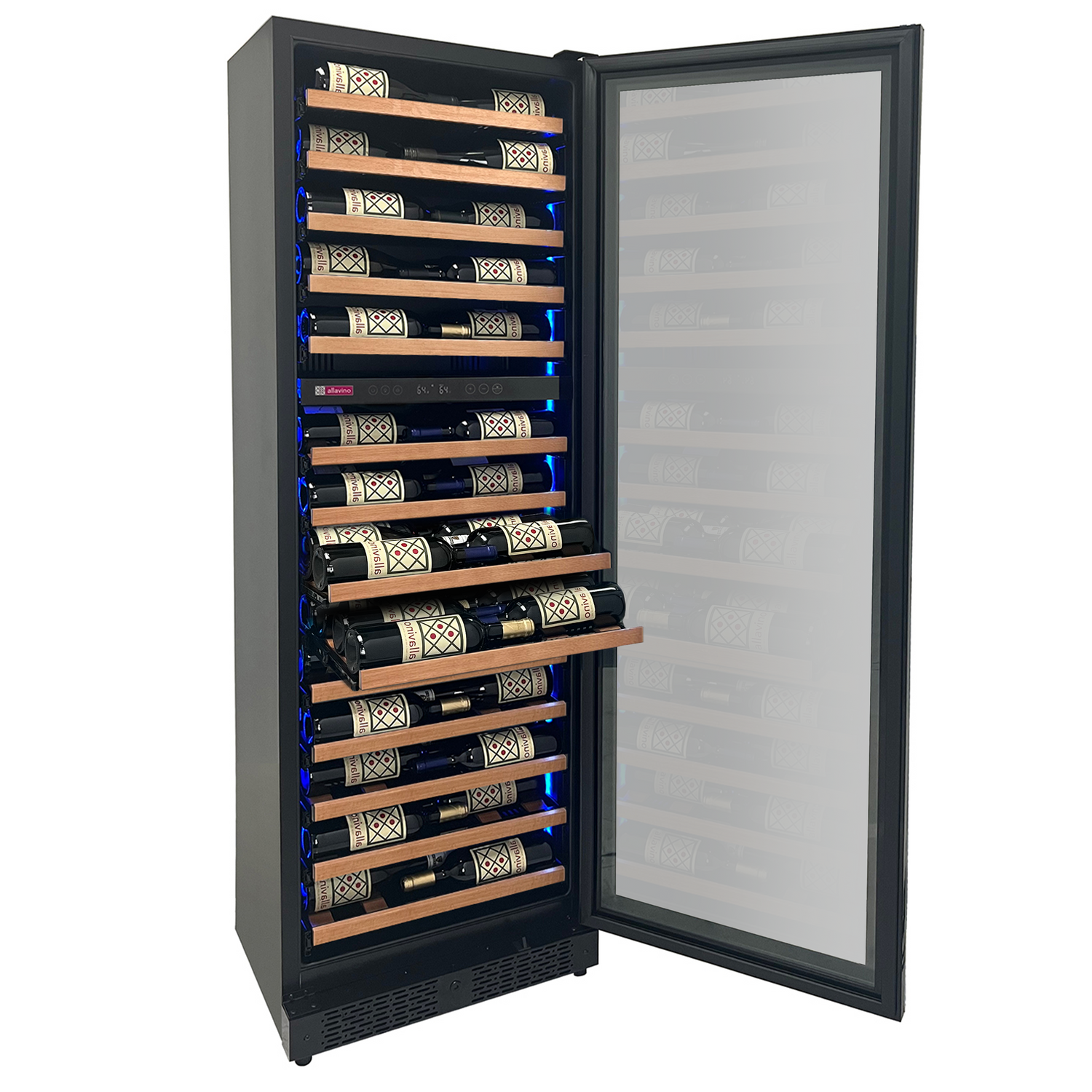Allavino Reserva Series 67″ 71″ Tall Dual Zone Right Hinge Black Shallow Wine Refrigerator with Wood Shelf Fronts