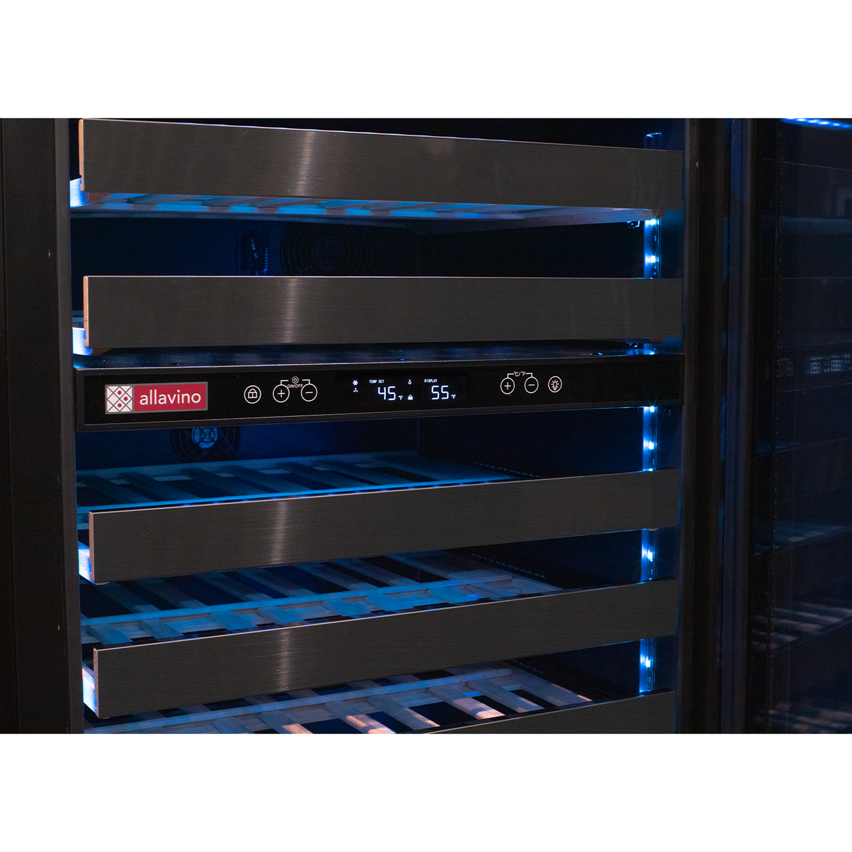 Allavino Reserva Series 100‑Bottle 34″ Tall Four‑Zone Black Stainless Steel Side‑by‑Side Wine Cooler Refrigerator BF 2X‑BDW5034D‑2BS
