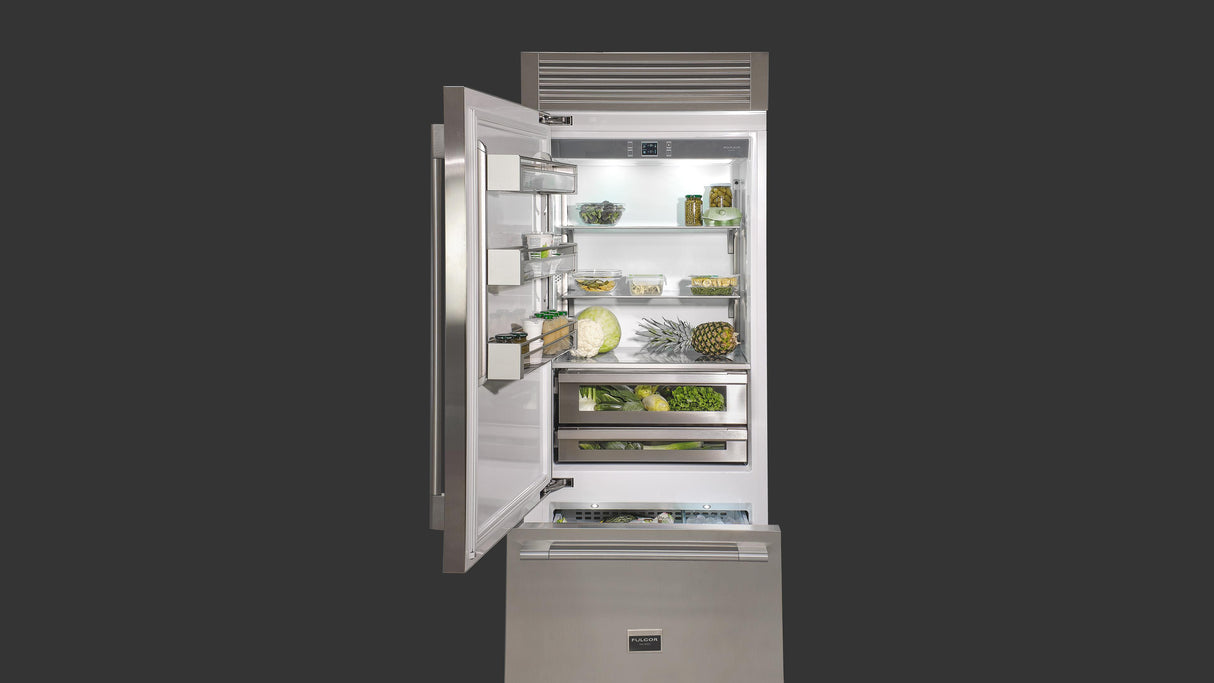 Fulgor Milano 36” 18.5 cu. ft. Stainless Steel Built‑In Bottom Freezer Refrigerator F7PBM36S2-L