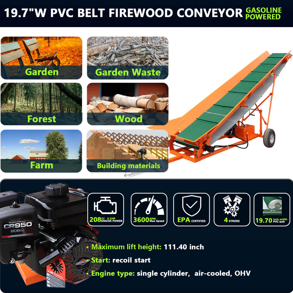 Chery Industrial 6.5HP Firewood Conveyor Max. 9.3ft Lift Height with B&S Engine and 19.7" PVC Belt