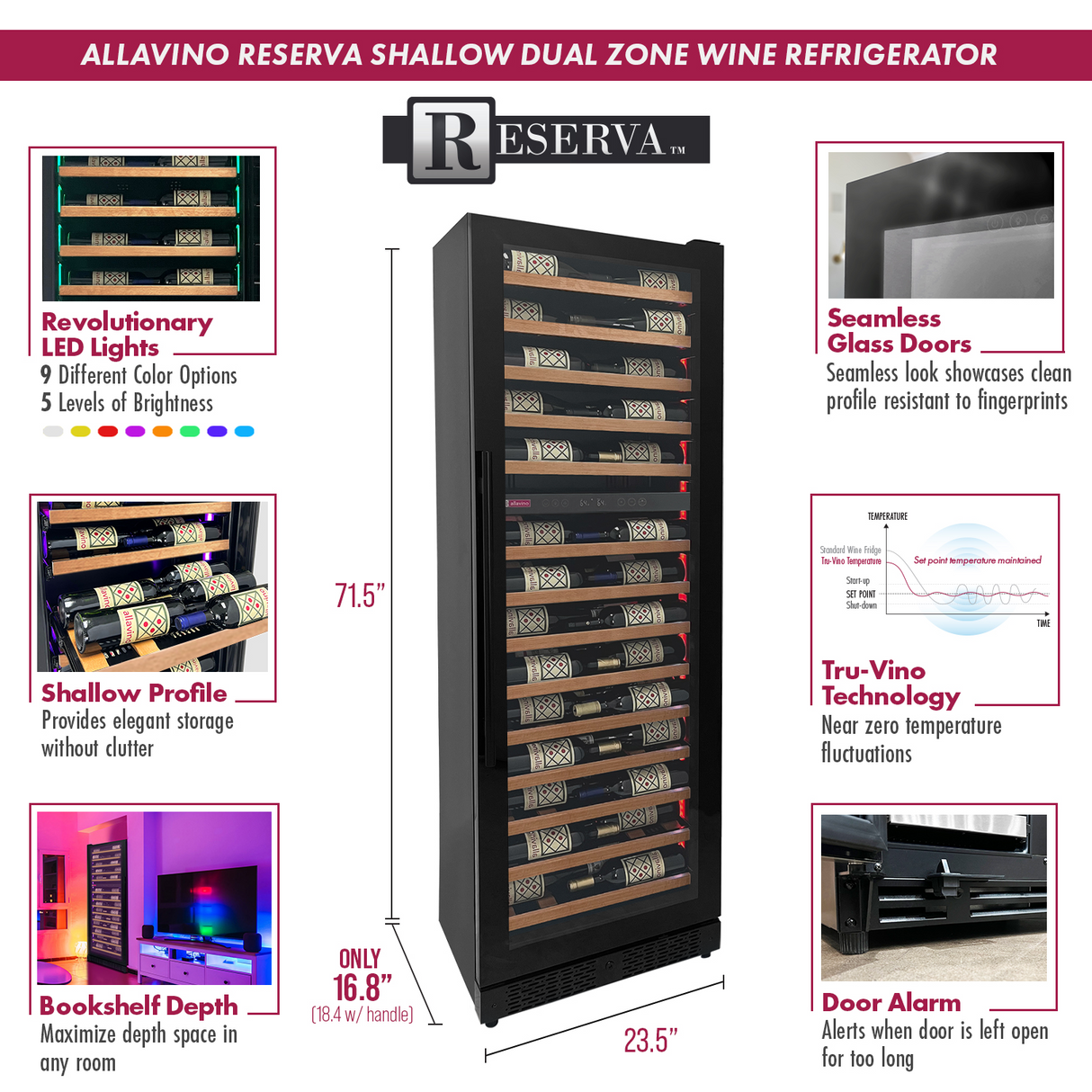 Allavino Reserva Series 67″ 71″ Tall Dual Zone Right Hinge Black Shallow Wine Refrigerator with Wood Shelf Fronts