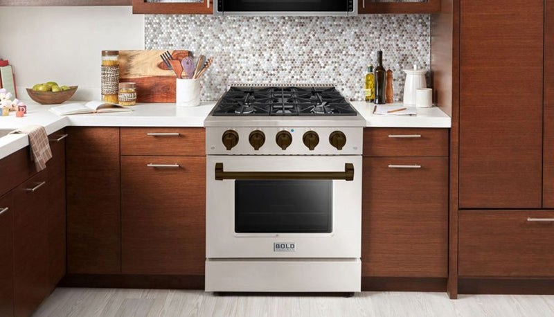 Hallman Bold Series 30" Dual Fuel Freestanding Range with Bronze Trim