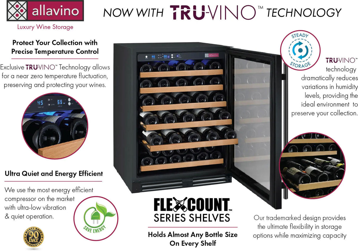 Allavino FlexCount Series 56 Bottle Single Zone Built-In Wine Refrigerator with Black Door Right Hinge VSWR56-1BR20