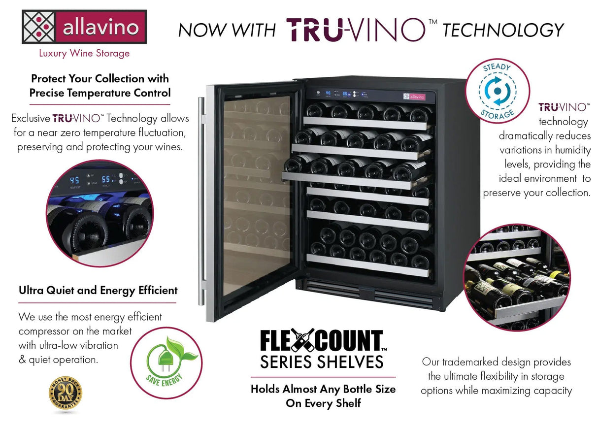 Allavino FlexCount Series 56 Bottle Single Zone Built-In Wine Cooler Refrigerator with Stainless Steel Door Left Hinge VSWR56-1SL20