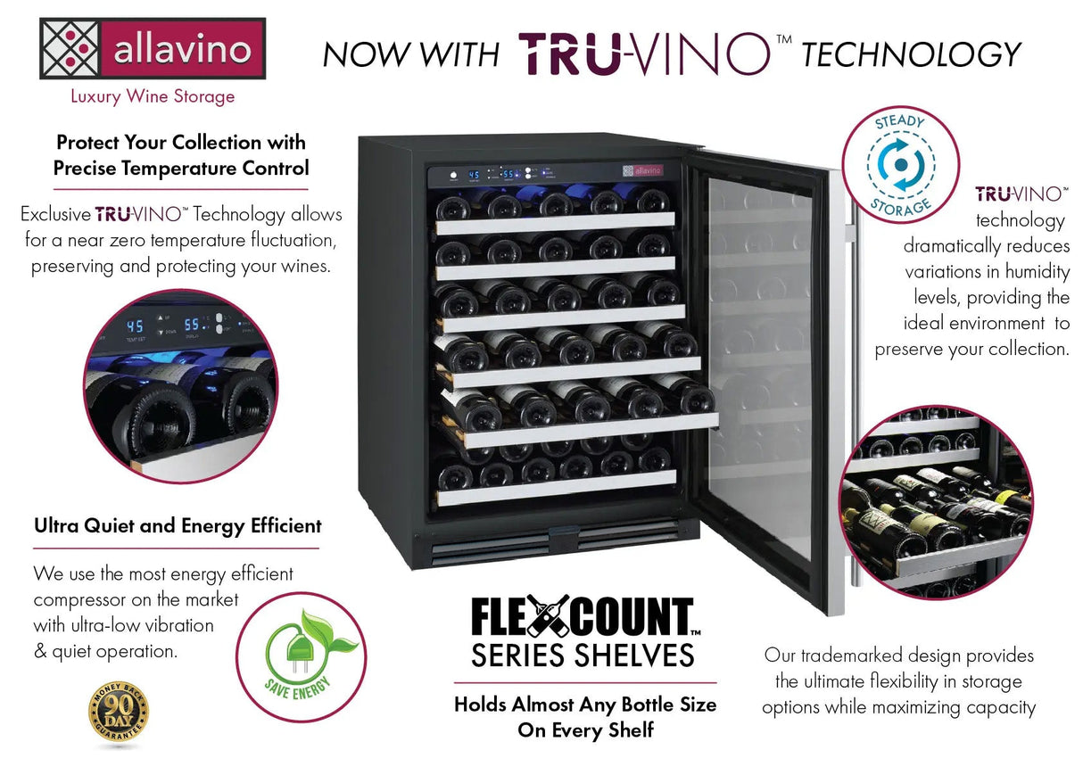 Allavino FlexCount Series 56 Bottle Single Zone Undercounter Wine Refrigerator with Stainless Steel Door Right Hinge VSWR56-1SR20