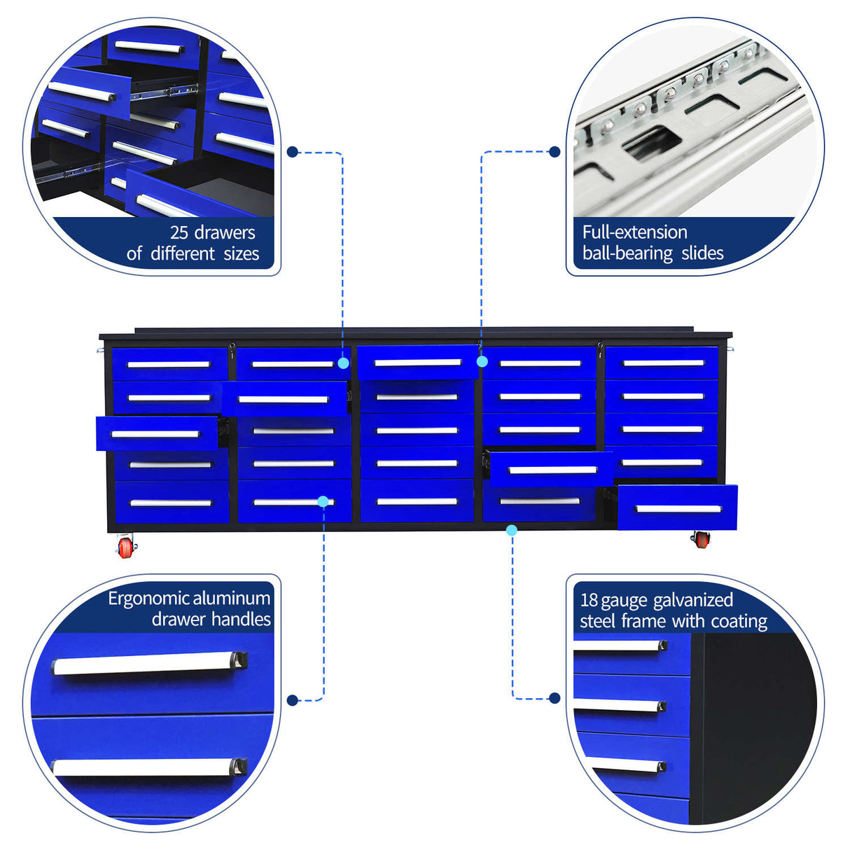 Chery Industrial 10ft 25-Drawer Storage Workbench with Wheels