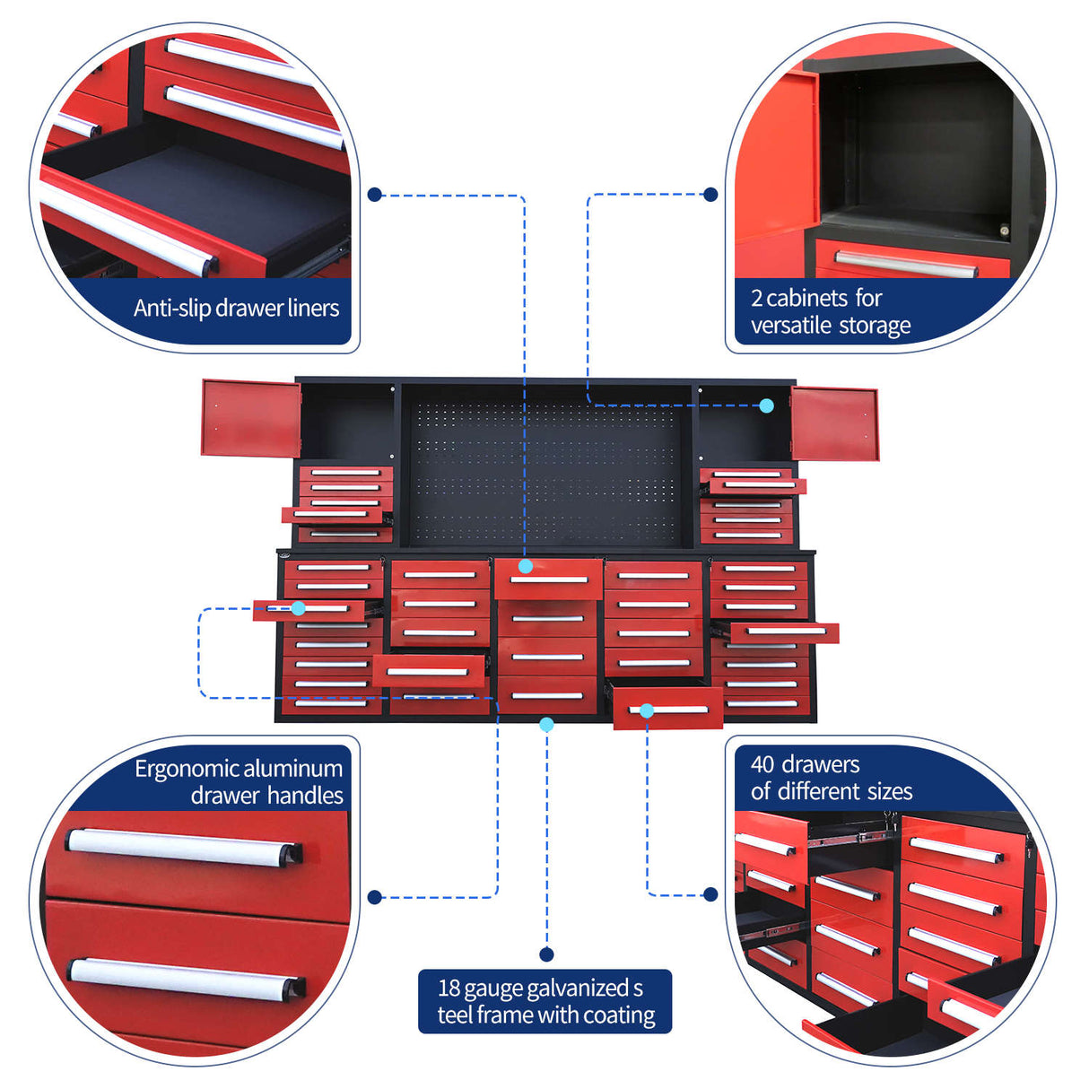 Chery Industrial 10ft Workbench Cabinet (40 Drawers, 2 Cabinets & 1 Pegboard)