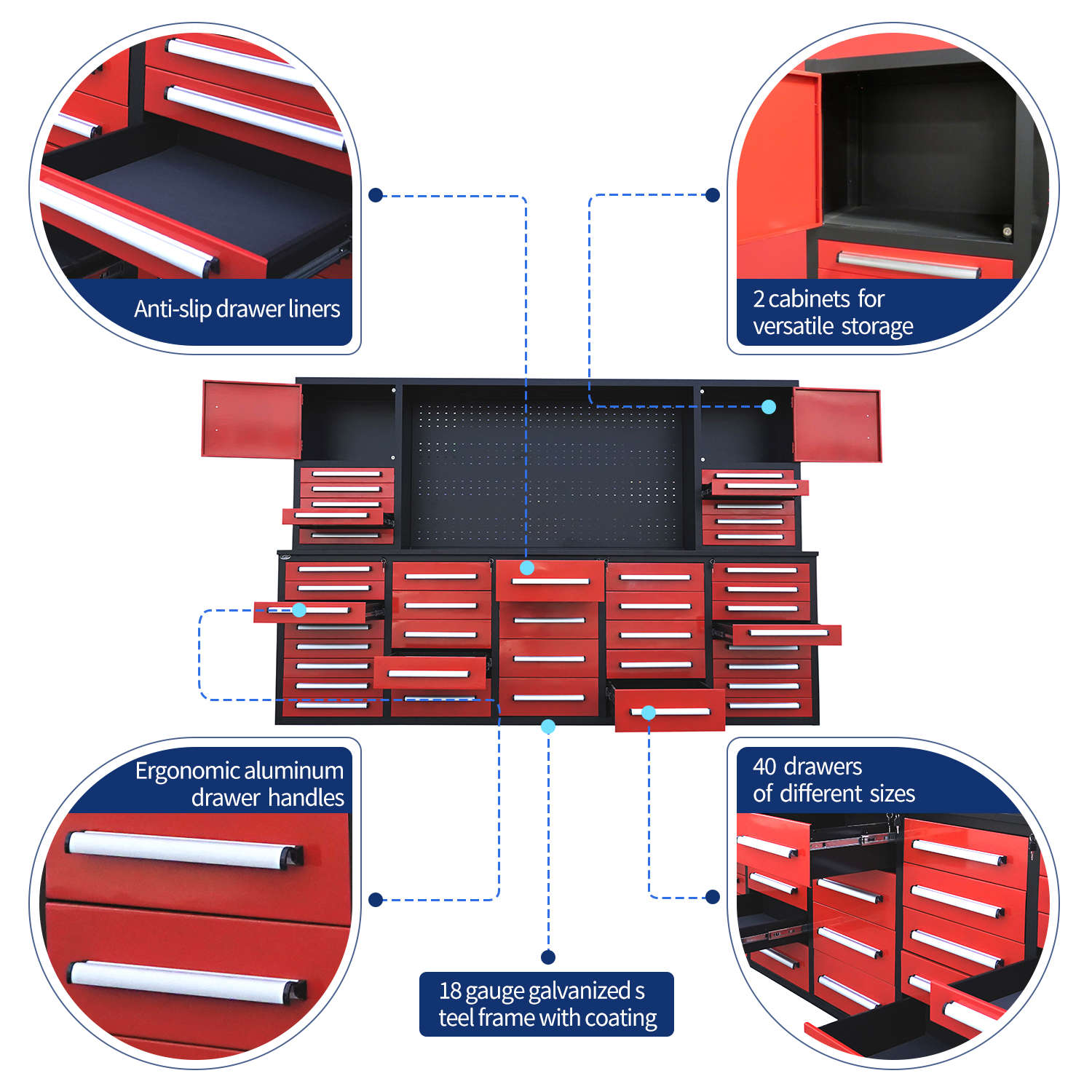 Chery Industrial 10ft Workbench Cabinet (40 Drawers, 2 Cabinets & 1 Pegboard)