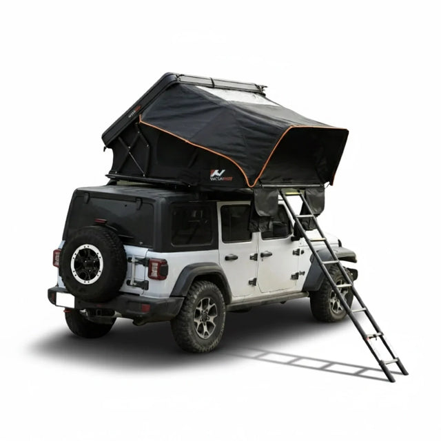 Roof top tent attached to a white SUV on a white background