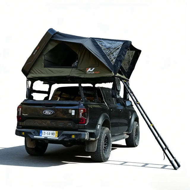 Naturnest Sirius 1 plus XL rooftop tent fully opened on Pickup Truck for camping