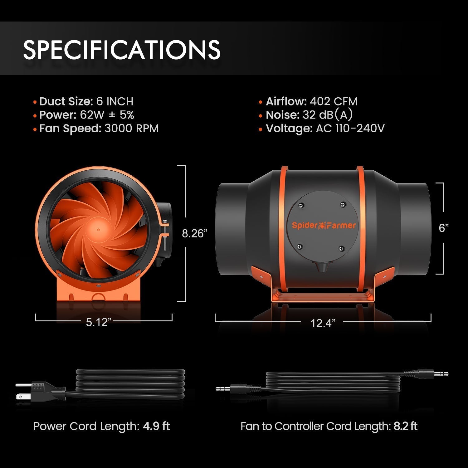 Spider Farmer 6-Inch Inline Fan Kits 402CFM with Smart Controller Carb ...
