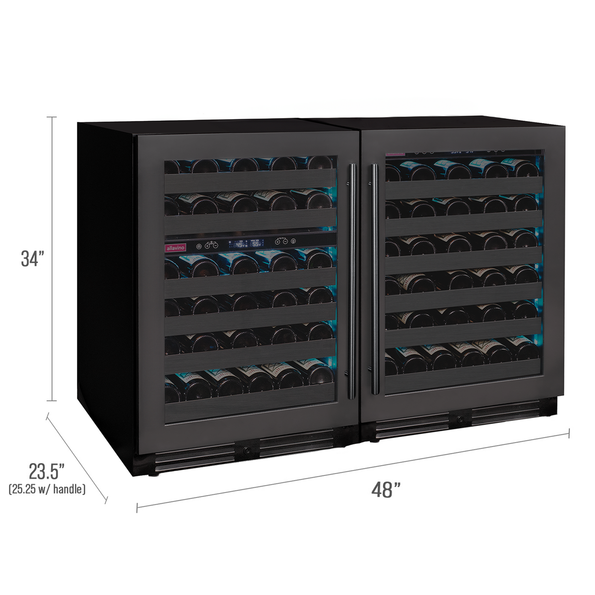 Allavino Reserva Series 100‑Bottle 34″ Tall Three‑Zone Black Stainless Steel Side‑by‑Side Wine Cooler Refrigerator 3Z‑BDW5034‑BS