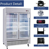 Chery Industrial 54"W Commercial Refrigerator 42 cu. ft. 2 Glass Door Reach In Refrigerator