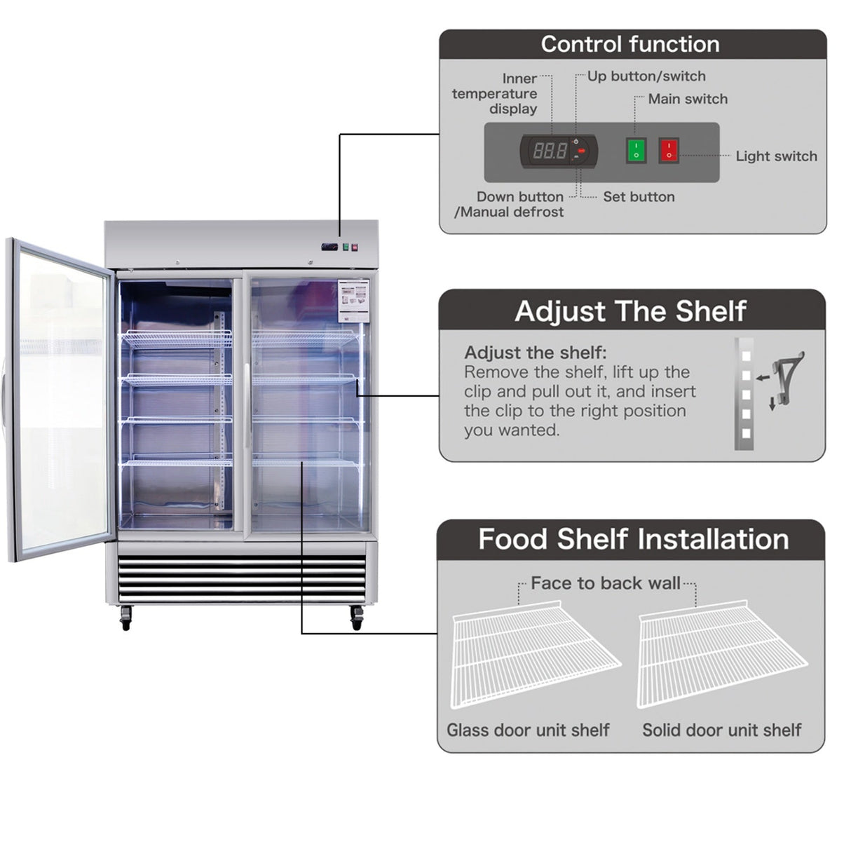 Chery Industrial 54"W Commercial Refrigerator 42 cu. ft. 2 Glass Door Reach In Refrigerator