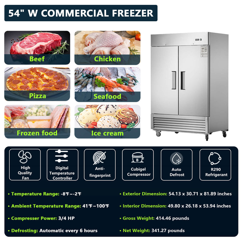 Chery Industrial 54"W Commercial Freezer 42 cu. ft. 2 Solid Door Reach-In Freezer