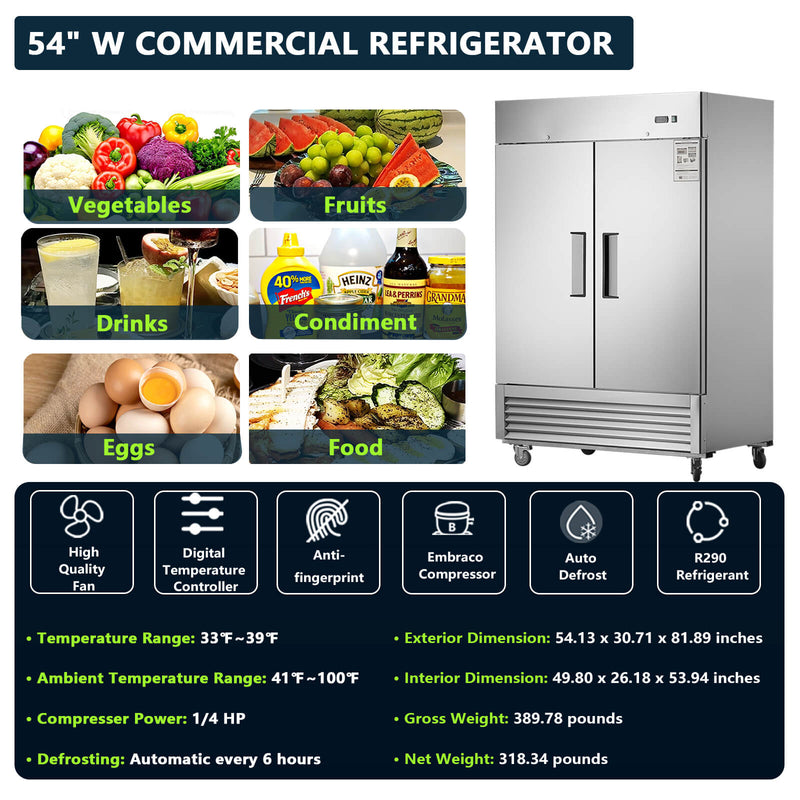 Chery Industrial 54"W Commercial Refrigerator 42 cu. ft. 2 Solid Door Reach-In Refrigerator
