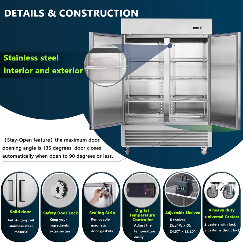 Chery Industrial 54"W Commercial Refrigerator 42 cu. ft. 2 Solid Door Reach-In Refrigerator
