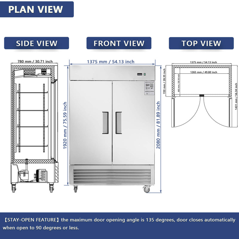 Chery Industrial 54"W Commercial Refrigerator 42 cu. ft. 2 Solid Door Reach-In Refrigerator