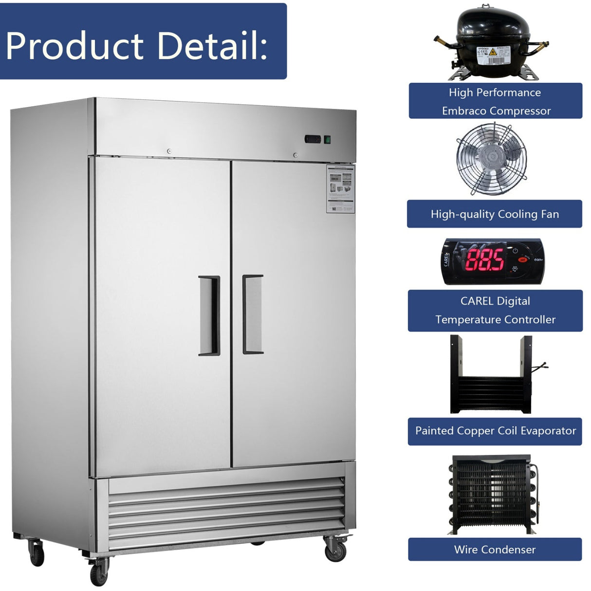 Chery Industrial 54"W Commercial Refrigerator 42 cu. ft. 2 Solid Door Reach-In Refrigerator